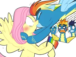 Size: 1600x1200 | Tagged: safe, artist:yaco, derpibooru import, fleetfoot, fluttershy, rainbow dash, soarin', spitfire, pegasus, pony, :i, bipedal, blushing, clothes, expressions, eyes closed, female, flag, flutterdash, french kiss, glomp, goggles, grin, hoof hold, hug, image, jpeg, kissing, lesbian, lesbian in front of boys, male, mare, open mouth, question mark, raised hoof, shipper on deck, shipping, simple background, smiling, spread wings, stallion, starry eyes, surprised, translation, translator:1845368013, uniform, white background, wingboner, wingding eyes, wings, wonderbolts, wonderbolts uniform