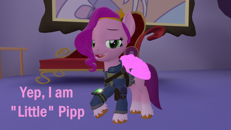 Size: 1920x1080 | Tagged: safe, artist:ponygamer2020, artist:ponygamersfm, derpibooru import, pipp, pipp petals, pegasus, pony, fallout equestria, 3d, adorapipp, clothes, cute, dialogue, fallout, female, g5, hooves, image, implied littlepip, jumpsuit, mare, name, namesake, pipbuck, pipp is short, png, pun, raised hoof, solo, source filmmaker, unshorn fetlocks, vault suit, visual pun, wings