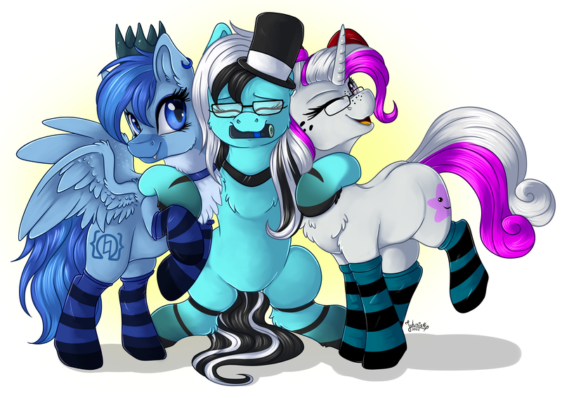 Size: 4093x2894 | Tagged: safe, artist:julunis14, derpibooru import, oc, oc:med, oc:purapoint, oc:simon pegasus, unofficial characters only, earth pony, pegasus, pony, unicorn, blue fur, blue pony, chest fluff, christmas, clothes, collar, colored muzzle, crown, cute, cutie mark, drink, ear fluff, ear piercing, earring, earth pony oc, eyes closed, female, feral, freckles, friends, glasses, group hug, happy, hat, high res, holiday, horn, hug, image, jewelry, leg fluff, long mane, long tail, male, monster energy, pegasus oc, piercing, png, regalia, santa hat, simple background, smiling, socks, spread wings, striped socks, stripes, tail, top hat, trio, unicorn oc, white fur, white pony, wingboner, wings