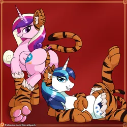 Size: 2000x2000 | Tagged: suggestive, artist:novaspark, derpibooru import, princess cadance, shining armor, big cat, tiger, clothes, crotch bulge, female, image, looking at you, looking back, male, married couple, married couples doing married things, panties, paws, png, shiningcadance, shipping, straight, underwear