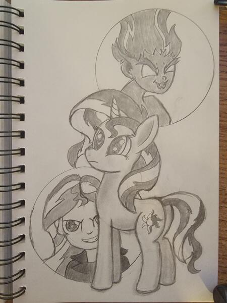 Size: 3000x4000 | Tagged: safe, artist:wonkothesane24, derpibooru import, sunset shimmer, pony, unicorn, equestria girls, female, high res, image, jpeg, mare, monochrome, multeity, solo, sunset satan, tarot card, traditional art