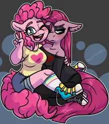 Size: 1458x1658 | Tagged: safe, artist:sexygoatgod, derpibooru import, pinkie pie, anthro, clothes, converse, ear piercing, female, gauges, glare, goth, hug, image, looking at you, looking away, open mouth, peace sign, piercing, pinkamena diane pie, png, self paradox, self ponidox, shoes