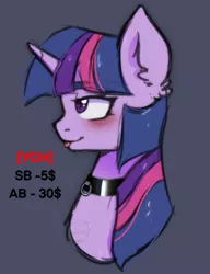 Size: 2000x2606 | Tagged: suggestive, artist:vaiola, derpibooru import, twilight sparkle, pony, unicorn, advertisement, auction, auction open, bdsm, big eyes, blushing, bust, collar, commission, cute, embarrassed, fetish, happy, high res, horn, image, multiple variants, pet play, pettwi, png, portrait, sexy, simple background, sketch, smiling, solo, sticker, tongue out, unicorn twilight, white background, ych example, your character here, your character here auction