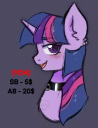 Size: 2000x2606 | Tagged: suggestive, artist:vaiola, derpibooru import, twilight sparkle, pony, unicorn, advertisement, auction, auction open, bdsm, big eyes, blushing, bust, collar, commission, cute, embarrassed, fetish, happy, high res, horn, image, multiple variants, open mouth, pet play, pettwi, png, portrait, sexy, simple background, sketch, smiling, solo, sticker, unicorn twilight, ych example, your character here, your character here auction