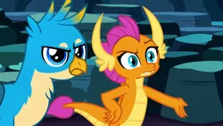Size: 1920x1080 | Tagged: safe, derpibooru import, gallus, smolder, dragon, gryphon, uprooted, dragoness, duo, female, gallus is not amused, hand on hip, image, jpeg, male, smolder is not amused, unamused