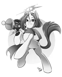 Size: 2800x3472 | Tagged: safe, artist:nekoshiei, derpibooru import, oc, oc:pluto planitia, unofficial characters only, pony, unicorn, clothes, female, image, jpeg, looking at you, magic, mare, monochrome, ray gun, scarf, simple background, solo, telekinesis, white background