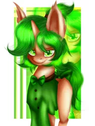 Size: 774x1032 | Tagged: safe, artist:maiza_zara, derpibooru import, oc, unofficial characters only, pony, unicorn, >:), bow, bowtie, clothes, green eyes, green mane, hair, horn, image, jpeg, looking at you, ponytail, raised hoof, shading, signature, smiling, smiling at you, solo, unicorn oc