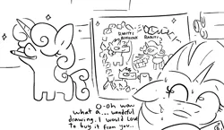 Size: 2481x1440 | Tagged: suggestive, artist:tjpones, derpibooru import, rarity, sweetie belle, pony, unicorn, sisterhooves social, black and white, dialogue, drawing, drawing (shitty) porn of every episode, duo, female, grayscale, image, implied prostitution, money, monochrome, mouth hold, nervous sweat, pencil, png, siblings, sisters, sweat