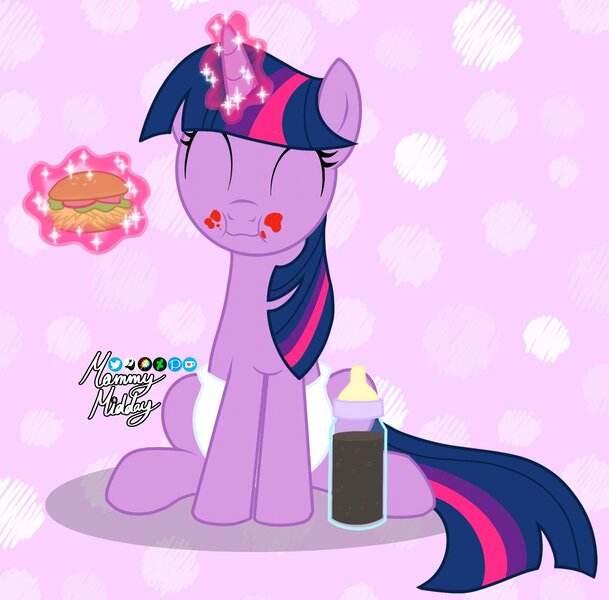 Size: 1512x1490 | Tagged: questionable, artist:mommymidday, derpibooru import, twilight sparkle, pony, unicorn, abdl, adult foal, baby bottle, burger, cute, diaper, diaper fetish, drink, eating, fetish, food, hay burger, image, jpeg, ketchup, magic, magic aura, photo, sauce, simple background, sitting, soda, solo, twiabetes