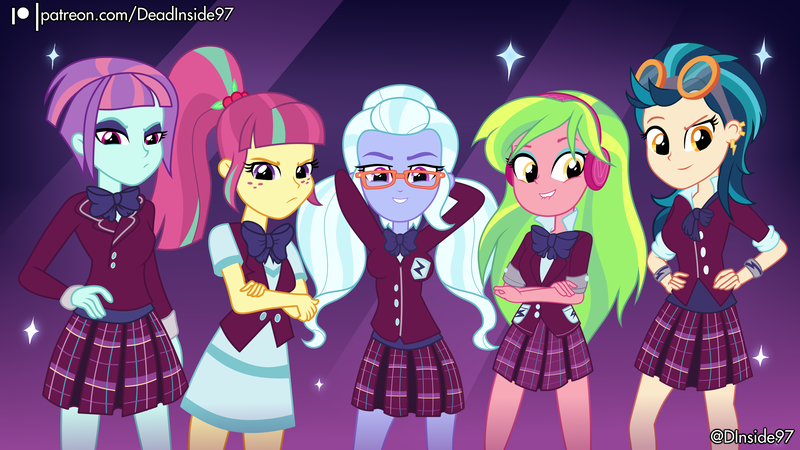 Size: 3840x2160 | Tagged: safe, artist:deadinside97, derpibooru import, indigo zap, lemon zest, sour sweet, sugarcoat, sunny flare, equestria girls, clothes, crystal prep academy uniform, image, png, school uniform, shadow five