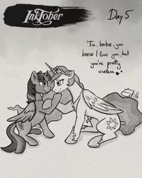 Size: 1120x1400 | Tagged: safe, artist:shadsie, derpibooru import, princess celestia, twilight sparkle, alicorn, 2017, accessories, black and white, dialogue, female, grayscale, image, inktober, lesbian, looking at each other, looking at someone, monochrome, png, shipping, simple background, traditional art, twilestia