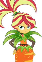 Size: 2138x3178 | Tagged: safe, artist:sketchmcreations, derpibooru import, sunset shimmer, equestria girls, equestria girls series, holidays unwrapped, spoiler:eqg series (season 2), alternate hairstyle, carrot, clothes, cornucopia costumes, costume, dress, female, food, hand on hip, image, looking at you, o come all ye squashful, png, simple background, smiling, spiked belt, transparent background, vector