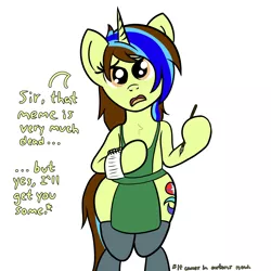 Size: 2000x2000 | Tagged: suggestive, artist:dafiltafish, derpibooru import, oc, oc:epsi, pony, art trade, clothes, green apron, iced latte with breast milk, image, looking at you, meme, one sided cutiemark, pen, png, simple background, socks, solo, text, white background