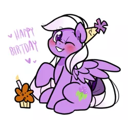 Size: 971x910 | Tagged: safe, artist:paperbagpony, derpibooru import, oc, oc:yoko, pegasus, bow, candle, cupcake, food, happy birthday, hat, image, one eye closed, party hat, pegasus oc, png, simple background, tail, tail bow, white background, wings, wink