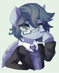Size: 2418x3000 | Tagged: oc name needed, safe, artist:saxopi, derpibooru import, oc, unofficial characters only, pegasus, semi-anthro, adjusting glasses, beige background, bust, clothes, colored pupils, eye clipping through hair, eyebrows, eyebrows visible through hair, eyelashes, glasses, green eyes, high res, image, jpeg, looking at you, necktie, pegasus oc, spread wings, suit, sweater, sweater vest, white shirt, wings