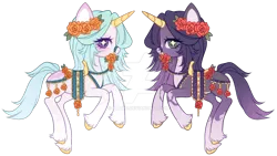 Size: 1024x578 | Tagged: safe, artist:miioko, derpibooru import, oc, unofficial characters only, pony, unicorn, base used, bridle, deviantart watermark, duo, floral head wreath, flower, horn, image, obtrusive watermark, png, rearing, simple background, starry eyes, tack, transparent background, unicorn oc, watermark, wingding eyes