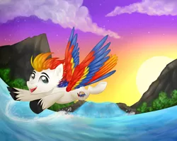 Size: 5000x4000 | Tagged: safe, artist:kaikururu, derpibooru import, oc, unofficial characters only, pegasus, pony, cloud, flying, image, male, pegasus oc, png, river, smiling, stallion, stars, sunset, twilight (astronomy), unshorn fetlocks, water, wings