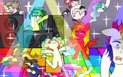 Size: 1224x768 | Tagged: safe, artist:kaikururu, derpibooru import, princess celestia, oc, alicorn, bat pony, pegasus, pony, bat pony oc, bat wings, bipedal, commission, dancing, female, grin, image, loudspeaker, male, mare, pegasus oc, png, smiling, stallion, sunglasses, turntable, unshorn fetlocks, wings, ych result