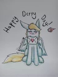 Size: 2816x3754 | Tagged: safe, artist:lil_vampirecj, derpibooru import, derpy hooves, pegasus, pony, art, blushing, caption, colored, commission, derpy day, fineline art, floppy ears, folded wings, food, front view, happy derpy day, heart, holding, image, jpeg, letter, love letter, muffin, photo, shaded sketch, shading, sitting, sketch, smiling, solo, text, wings, ych result, your character here