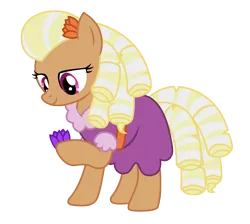 Size: 2675x2397 | Tagged: safe, artist:third uncle, derpibooru import, prairie belle, earth pony, pony, background pony, clothes, dress, female, flower, flower in hair, full body, high res, hoof hold, image, lidded eyes, looking at something, mare, png, simple background, smiling, solo, standing, tail, transparent background, vector