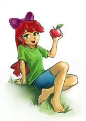 Size: 771x1080 | Tagged: artist needed, source needed, safe, derpibooru import, edit, apple bloom, equestria girls, adorabloom, apple, apple bloom's bow, barefoot, blushing, bow, clothes, cute, feet, female, food, grass, hair bow, image, jpeg, open mouth, shirt, shorts, simple background, sitting, solo, t-shirt, toes, white background
