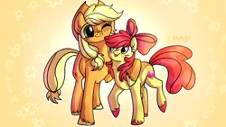 Size: 1600x900 | Tagged: safe, artist:sunniesfunthecupcake, derpibooru import, apple bloom, applejack, earth pony, pony, adorabloom, cute, daaaaaaaaaaaw, female, filly, foal, freckles, image, jackabetes, mare, png, siblings, sisters