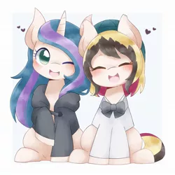 Size: 1935x1932 | Tagged: safe, artist:adamai_0517, artist:ginmaruxx, derpibooru import, oc, unofficial characters only, earth pony, pony, unicorn, clothes, cute, duo, emanata, eyes closed, female, hat, heart, image, jacket, jpeg, mare, ocbetes, one eye closed, open mouth, open smile, raised hoof, simple background, sitting, smiling, white background