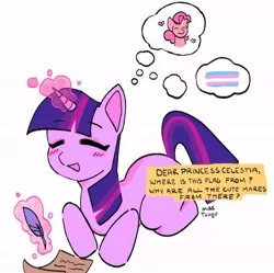 Size: 640x637 | Tagged: safe, artist:vampiremangle, derpibooru import, pinkie pie, twilight sparkle, earth pony, pony, unicorn, blushing, dialogue, eyes closed, female, image, jpeg, lesbian, letter, magic, quill, scroll, shipping, sitting, thinking, thought bubble, twinkie, unicorn twilight, writing