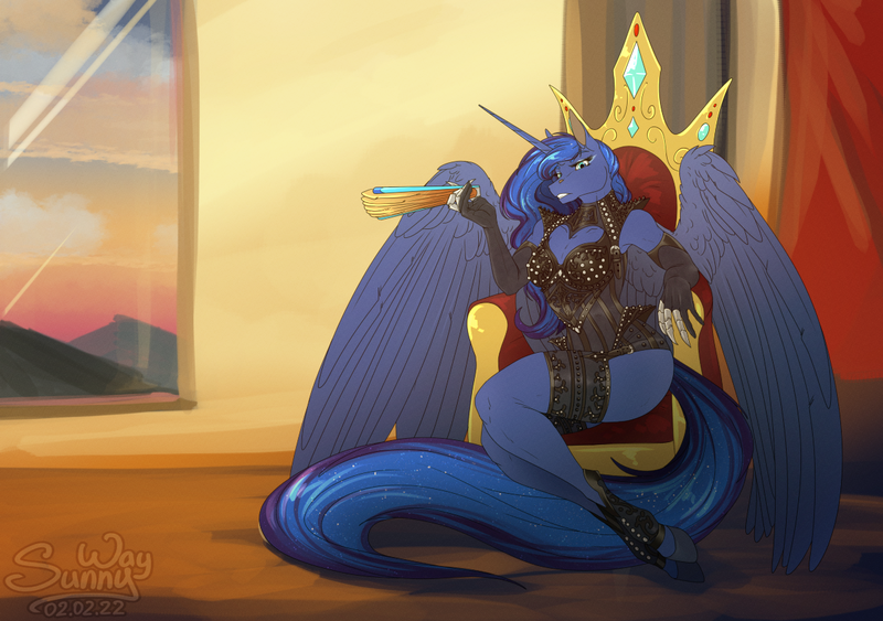 Size: 1200x845 | Tagged: safe, artist:sunny way, derpibooru import, princess luna, alicorn, anthro, horse, art, artwork, digital art, equnie, fan, fancy, feather, female, horn, hot, image, my little pony, patreon, patreon reward, patreonreward, png, solo, solo female, throne, throne room, wings