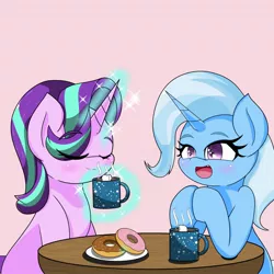 Size: 2048x2048 | Tagged: safe, artist:zeon_starlight, derpibooru import, starlight glimmer, trixie, pony, unicorn, chocolate, coffee, coffee mug, donut, drink, duo, eyes closed, female, food, hot chocolate, image, jpeg, magic, magic aura, mare, marshmallow, mug, open mouth, pink background, plate, simple background, steam, telekinesis