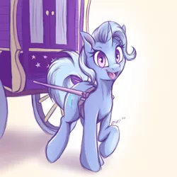 Size: 2000x2000 | Tagged: safe, artist:draftthefilmmakerart, derpibooru import, trixie, pony, unicorn, abstract background, cutie mark, female, horn, image, looking at you, mare, open mouth, open smile, png, smiling, solo, trixie's wagon, wagon