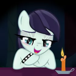 Size: 1920x1920 | Tagged: safe, artist:grapefruit-face, derpibooru import, coloratura, pony, blushing, bracelet, candle, date, derpibooru exclusive, hand on chin, happy, image, jewelry, lidded eyes, looking at you, offscreen character, png, pov, solo focus, table