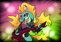Size: 2154x1508 | Tagged: safe, artist:duragan, derpibooru import, them's fightin' herds, bass guitar, clothes, community related, heavy metal, image, jacket, leather jacket, lights, makeup, metal, metal as fuck, musical instrument, png, rock on, tianhuo (tfh), tongue out