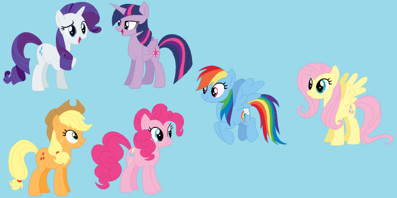 Size: 1718x858 | Tagged: safe, artist:selenaede, artist:twilyisbestpone, derpibooru import, applejack, fluttershy, pinkie pie, rainbow dash, rarity, twilight sparkle, twilight sparkle (alicorn), alicorn, earth pony, pegasus, pony, unicorn, base used, derpibooru exclusive, female, flying, image, lidded eyes, light blue background, mane six, mare, png, raised hoof, simple background, smiling, spread wings, standing, wings