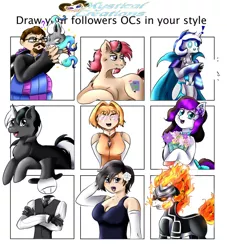 Size: 818x900 | Tagged: safe, artist:mystical creations, derpibooru import, oc, oc:ivislor, oc:ivislor odzi, unofficial characters only, cyborg, cyborg pony, earth pony, human, pony, robot, unicorn, cape, clothes, flaming skull, flower, flowing hair, image, jpeg, meta, superhero, twitter