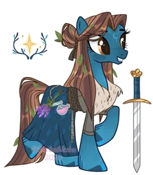 Size: 1133x1300 | Tagged: safe, artist:stardust-mocha, derpibooru import, oc, oc:highland merry, unofficial characters only, earth pony, pony, bel, clothes, coat, female, flower, fur coat, grin, image, leaf, leaves, mare, markings, png, potion, raised hoof, raised leg, rope, scotland, simple background, skirt, smiling, solo, sword, tattoo, thistle, transparent background, weapon