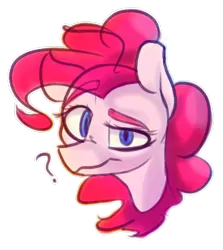 Size: 2500x2800 | Tagged: safe, artist:packy paca, derpibooru import, pinkie pie, pony, bust, image, looking at you, png, portrait, question mark, raised eyebrow, simple background, solo