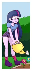 Size: 1065x2348 | Tagged: safe, artist:masterohyeah, derpibooru import, twilight sparkle, equestria girls, clothes, cute, dirt, female, flower, garden, gardening, image, png, shoes, shorts, smiling, solo, twiabetes, watering, watering can