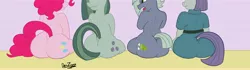 Size: 10926x3072 | Tagged: suggestive, artist:datzigga, derpibooru import, limestone pie, marble pie, maud pie, pinkie pie, earth pony, pony, balloonbutt, boulder buns, butt, female, image, jpeg, limestonebutt, marblebutt, mare, pie sisters, siblings, sisters, the ass was fat