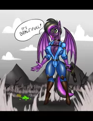 Size: 1399x1823 | Tagged: artist needed, source needed, safe, derpibooru import, oc, unofficial characters only, anthro, bat pony, bat pony oc, bat wings, big breasts, boots, breasts, clothes, disproportional anatomy, fallout, female, gun, hourglass figure, huge breasts, image, jumpsuit, png, post-apocalyptic, shoes, skinsuit, solo, vault suit, wasteland, weapon, wings