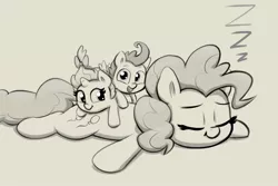 Size: 1996x1332 | Tagged: safe, artist:heretichesh, derpibooru import, pinkie pie, pound cake, pumpkin cake, earth pony, pegasus, pony, unicorn, colt, cute, diapinkes, eyes closed, female, filly, foal, grayscale, image, jpeg, lying down, male, mare, monochrome, older, older pound cake, older pumpkin cake, onomatopoeia, open mouth, open smile, prone, simple background, smiling, sound effects, sploot, trio, white background, zzz