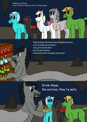 Size: 1839x2561 | Tagged: suggestive, artist:toby the changeling, artist:uberreaktor, derpibooru import, oc, oc:digital dream, oc:pitch pine, oc:pudgy vagina, oc:star heart, oc:toby, unofficial characters only, changeling, earth pony, pony, snake, unicorn, cave, comic, comic sans, cup, image, nervous, platter, png, potions, shelf, snek