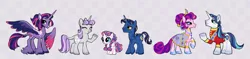 Size: 1855x441 | Tagged: safe, artist:deadmouseseverywhere, derpibooru import, night light, princess cadance, princess flurry heart, shining armor, twilight sparkle, twilight sparkle (alicorn), twilight velvet, alicorn, pony, unicorn, alternate design, base used, checkered background, family, female, filly, filly flurry heart, foal, image, leonine tail, male, mare, nightvelvet, older, older flurry heart, png, shiningcadance, shipping, sparkle family, stallion, straight, tail, twitterina design, unshorn fetlocks