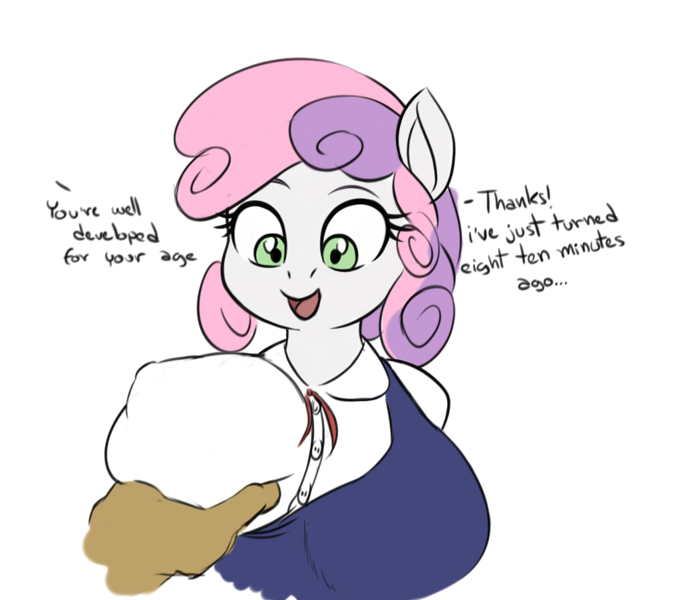 Size: 1019x902 | Tagged: questionable, artist:deserter, artist:seii3, banned from derpibooru, edit, edited edit, twibooru exclusive, sweetie belle, anthro, unicorn, big breasts, breast fondling, breast grab, breasts, busty sweetie belle, child, clothes, dialogue, disembodied hand, duo, erect nipples, female, female focus, funny, grope, hand, huge breasts, image, lolicon, nipple outline, offscreen character, oppai loli, png, shirt, simple background, solo focus, underage, white background