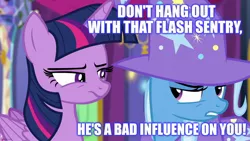 Size: 1280x720 | Tagged: safe, derpibooru import, edit, edited screencap, screencap, trixie, twilight sparkle, no second prances, caption, image, image macro, implied flash sentry, implied flashlight, implied shipping, implied straight, jpeg, text