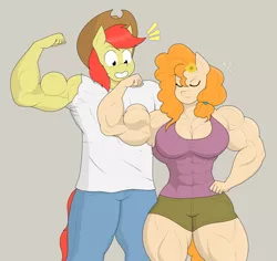 Size: 2048x1935 | Tagged: safe, artist:matchstickman, derpibooru import, bright mac, pear butter, anthro, earth pony, pony, abs, armpits, bean mouth, biceps, breasts, brightbutter, busty pear butter, clothes, deltoids, duo, female, flexing muscles, gray background, image, jeans, male, mare, matchstickman's pear buffer series, might mac, muscles, muscular female, muscular male, pants, pear buffer, pecs, png, shipping, shirt, simple background, stallion, straight, thighs, thunder thighs