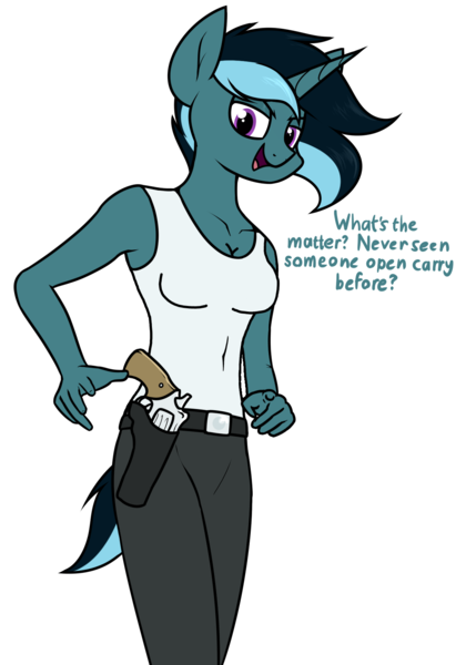 Size: 1138x1624 | Tagged: safe, artist:moonatik, edit, oc, oc:sol nightshade, anthro, unicorn, breast edit, breasts, clothes, gun, handgun, holster, horn, image, intersex, male to female, png, pointing at you, revolver, rule 63, sexy, simple background, solo, talking to viewer, tanktop, transgender, unicorn oc, weapon