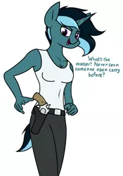 Size: 1138x1624 | Tagged: safe, artist:moonatik, edit, oc, oc:sol nightshade, anthro, unicorn, breast edit, breasts, clothes, gun, handgun, holster, horn, image, intersex, male to female, png, pointing at you, revolver, rule 63, sexy, simple background, solo, talking to viewer, tanktop, transgender, unicorn oc, weapon