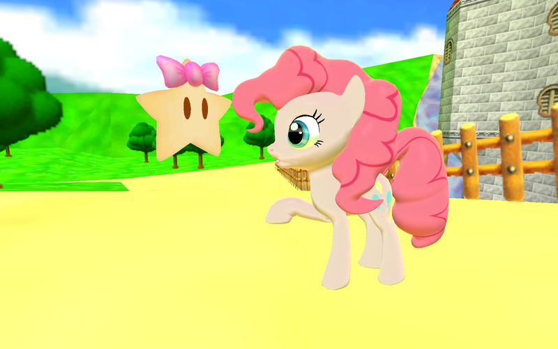 Size: 1680x1050 | Tagged: safe, artist:cuteyoshilover, derpibooru import, pinkie pie, earth pony, pony, barely pony related, crossover, image, looking at each other, looking at someone, mamar, mushroom kingdom, paper mario, png, princess peach's castle, super mario bros.