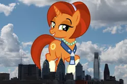 Size: 2401x1599 | Tagged: safe, artist:cheezedoodle96, artist:thegiantponyfan, derpibooru import, edit, stellar flare, pony, unicorn, coat markings, female, giant pony, giant stellar flare, giant unicorn, giantess, high res, highrise ponies, image, irl, jewelry, looking at you, macro, mare, mega giant, necklace, pearl necklace, pennsylvania, philadelphia, photo, png, ponies in real life, smiling, socks (coat marking), story included